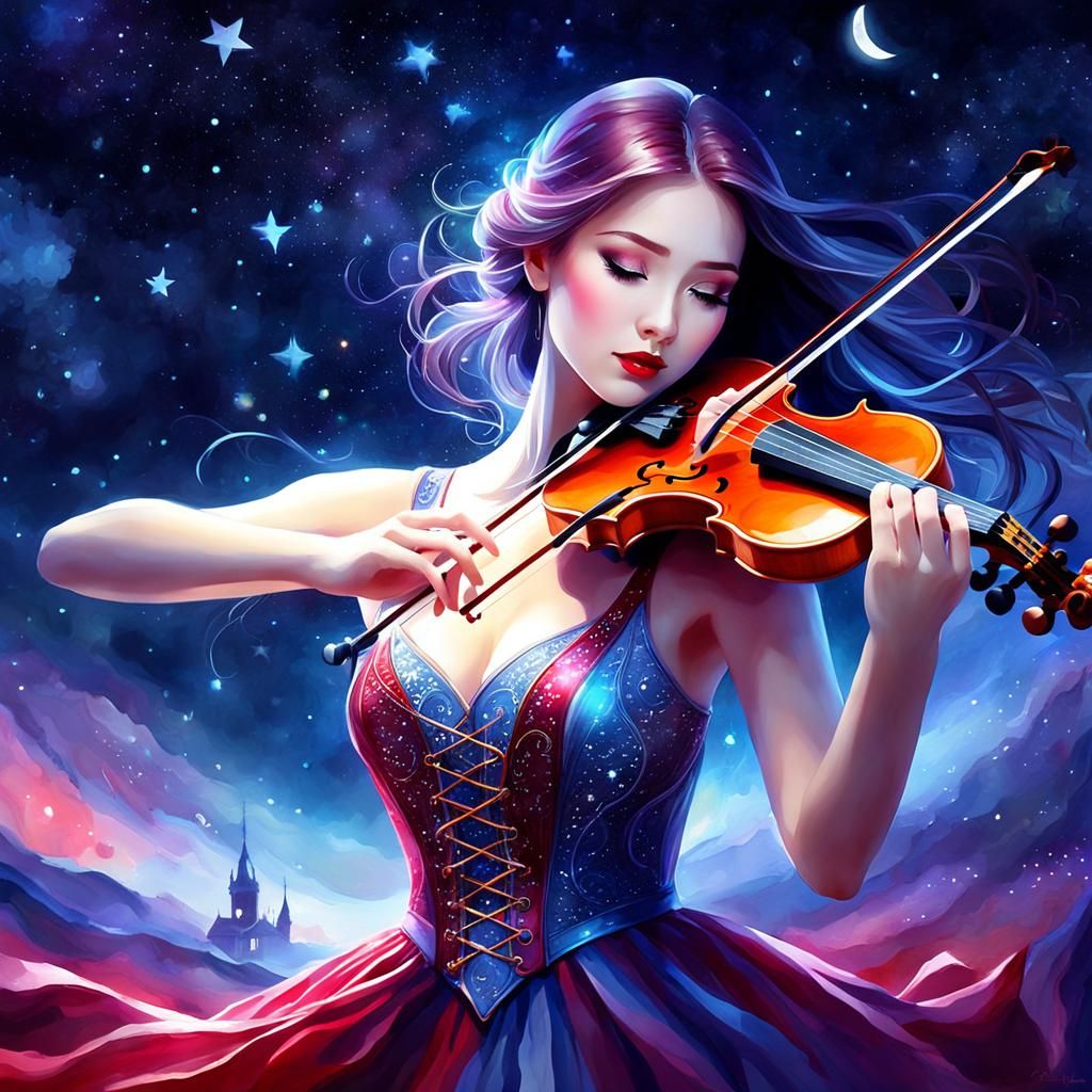 Mystical Girl's Magical Violin: Watercolor Dreamscape