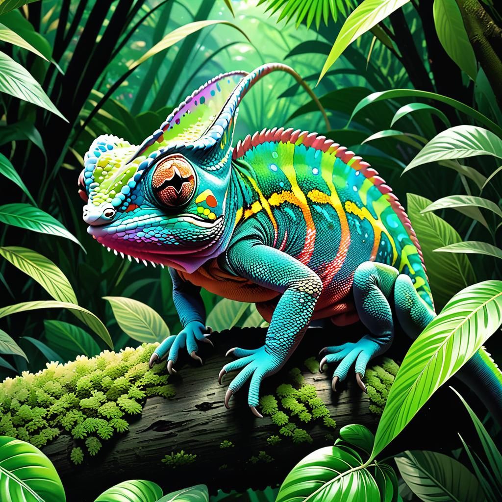 Classic Anime Chameleon in Vibrant Jungle
