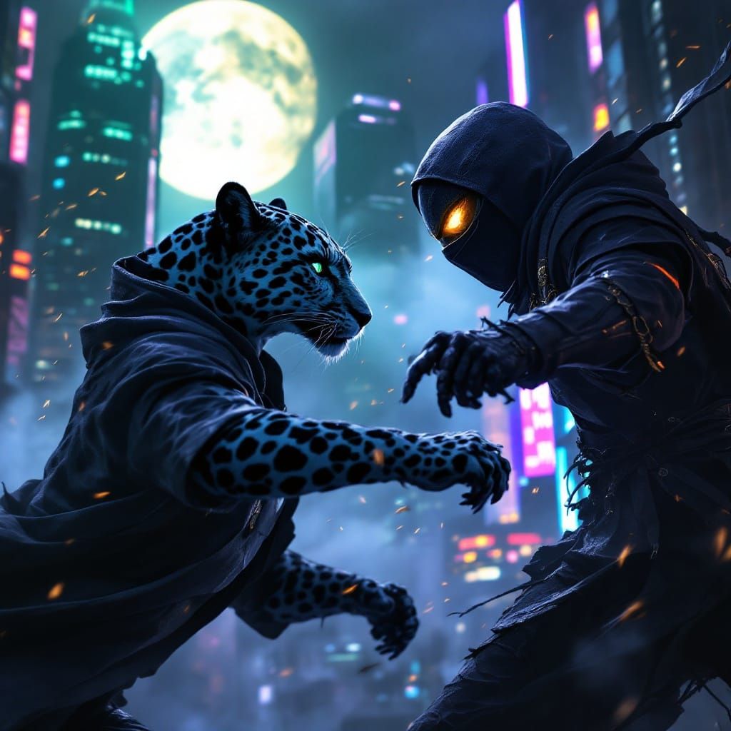 Sleek Female Leopard vs Dark Wolf-Ninja in Cyberpunk City