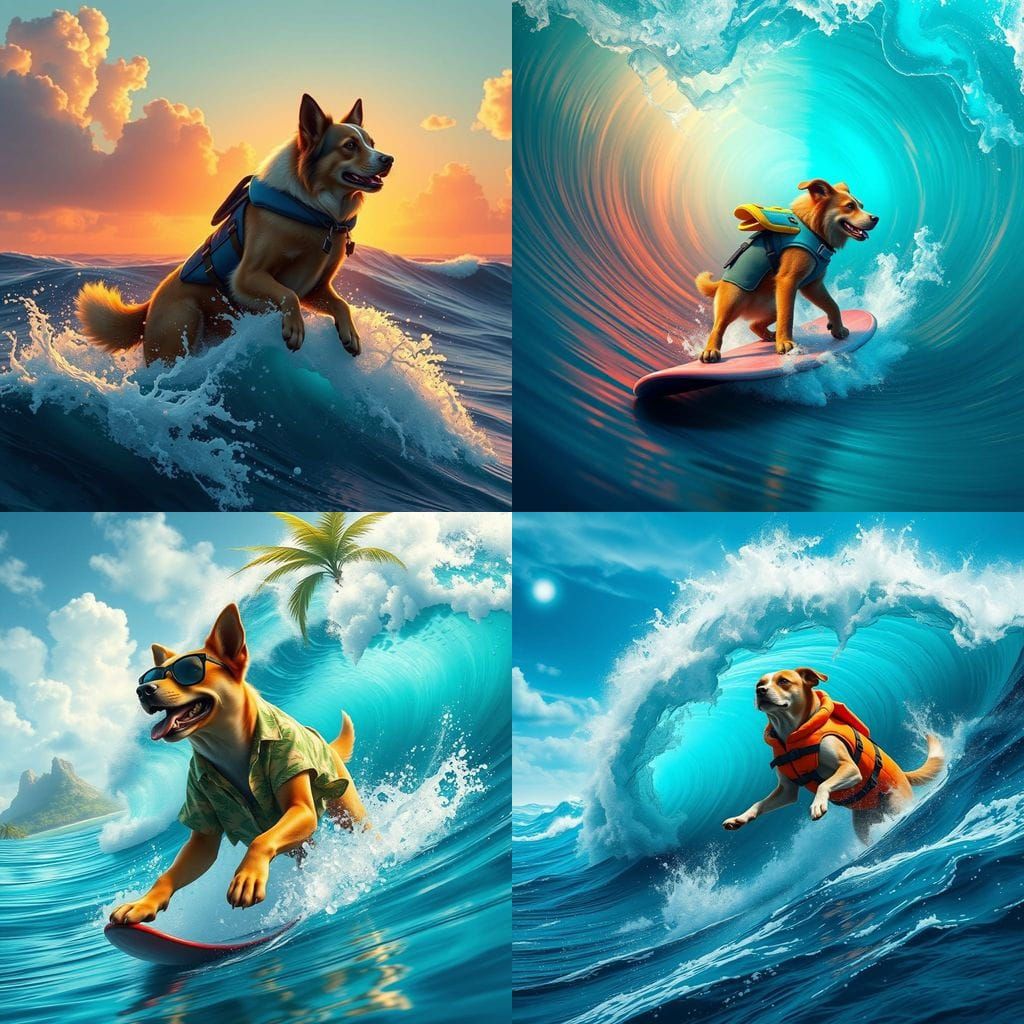 Canine Surfer Rides Majestic Wave in Vibrant Fantasy World