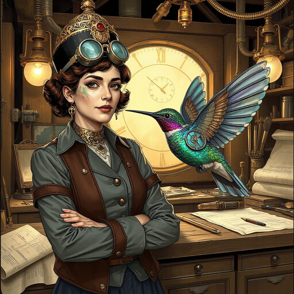 Steampunk Inventor with Clockwork Hummingbird Creation