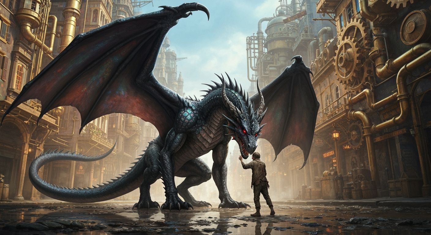Majestic Black Dragon Befriends Child in Steampunk City