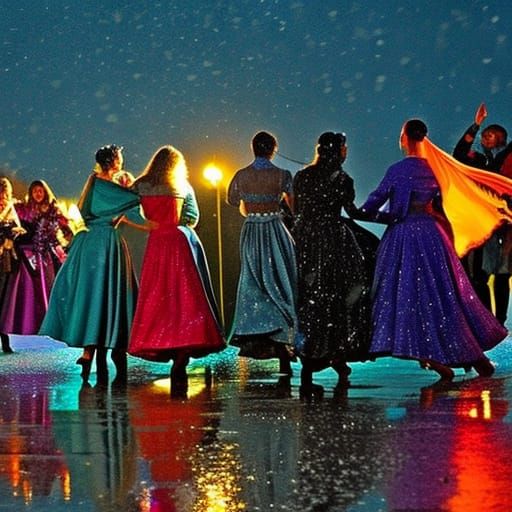 People Dancing in Moonlight Rain, Romantic Style