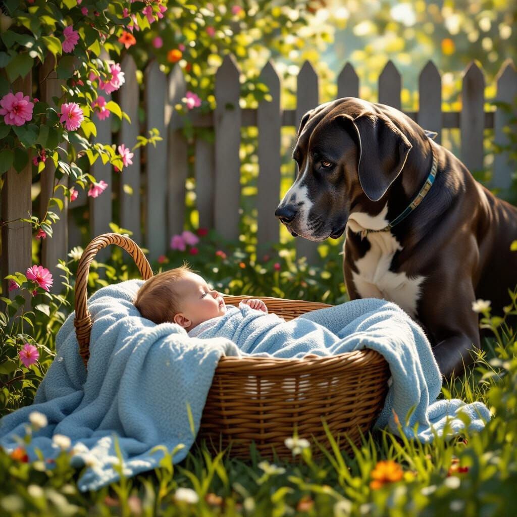Serene Baby in Sun-Drenched Backyard in Hyperrealistic Style