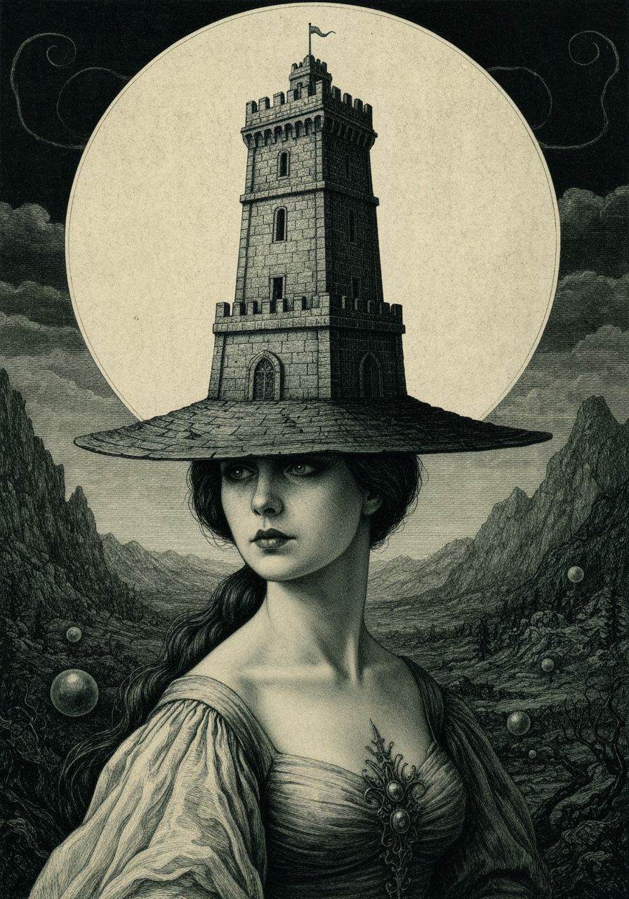 Woman in Tower Hat, Eerie Engraving Style