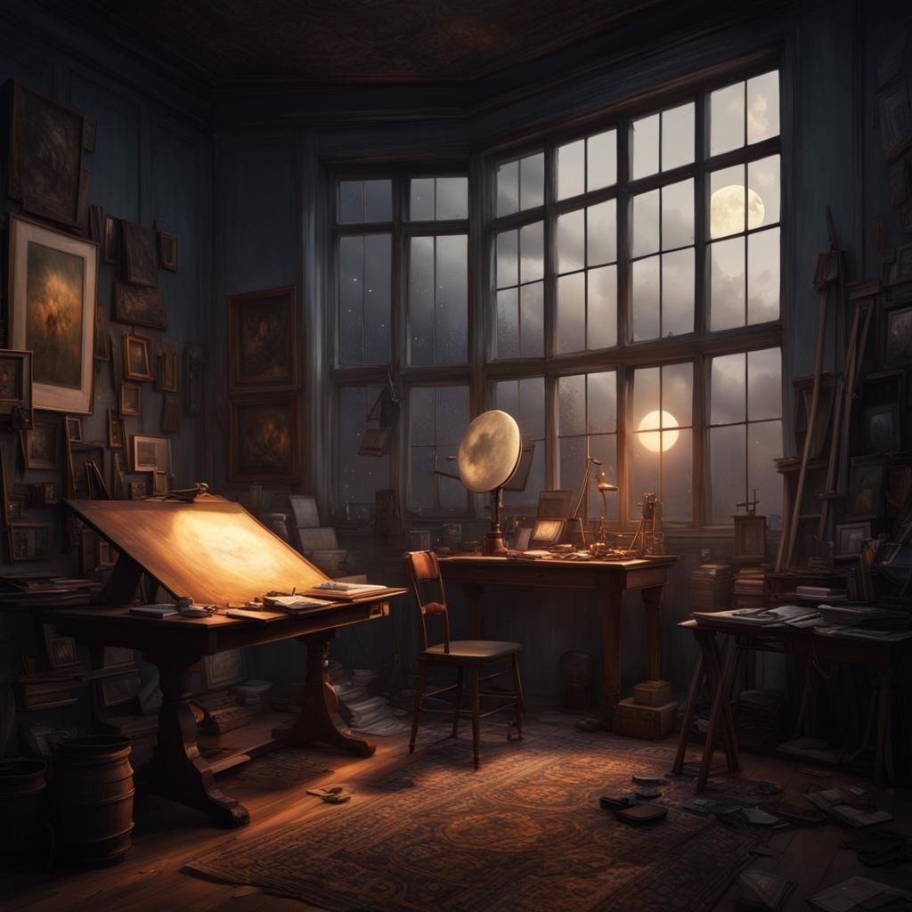 Gloomy Artist Studio with Moonlight, Digital Matte Painting