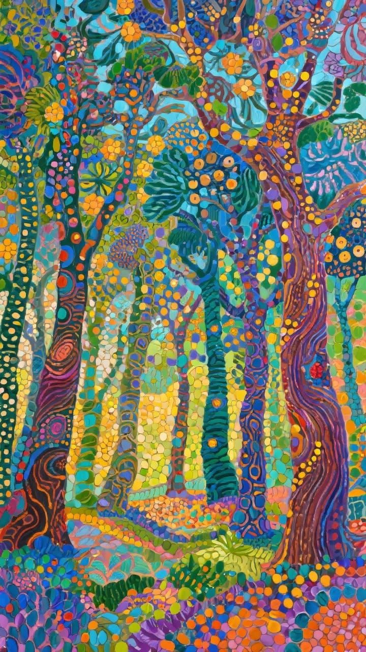 Vibrant Forest Landscape in Pop Surrealism Impasto Style