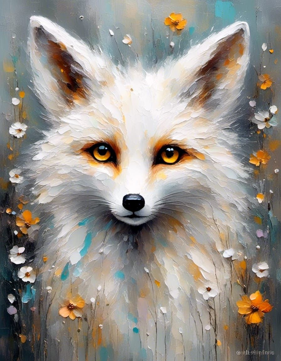 Whimsical Oil Painting of a White Fox