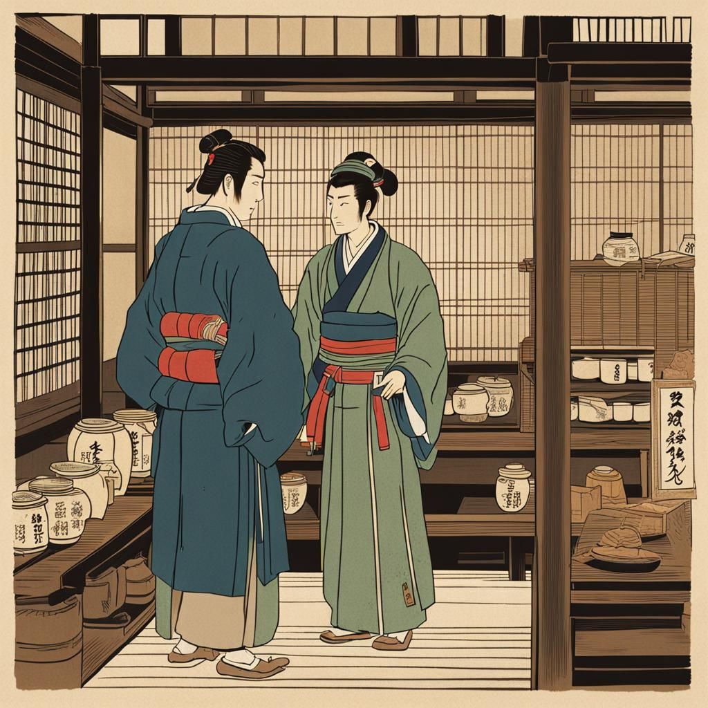 Edo-Era Merchants Converse in Woodblock Print Style