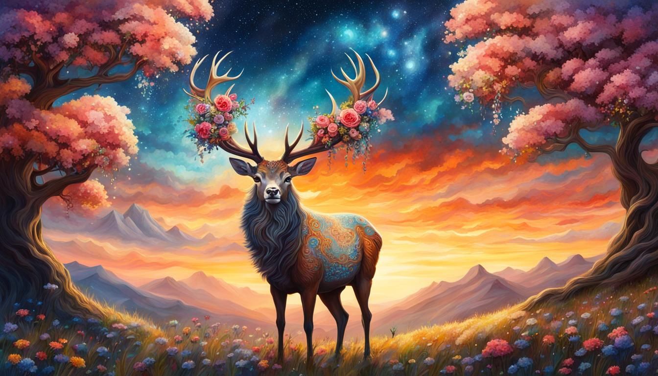 Ornate Fantasy Stag and Flower Tree Sunset