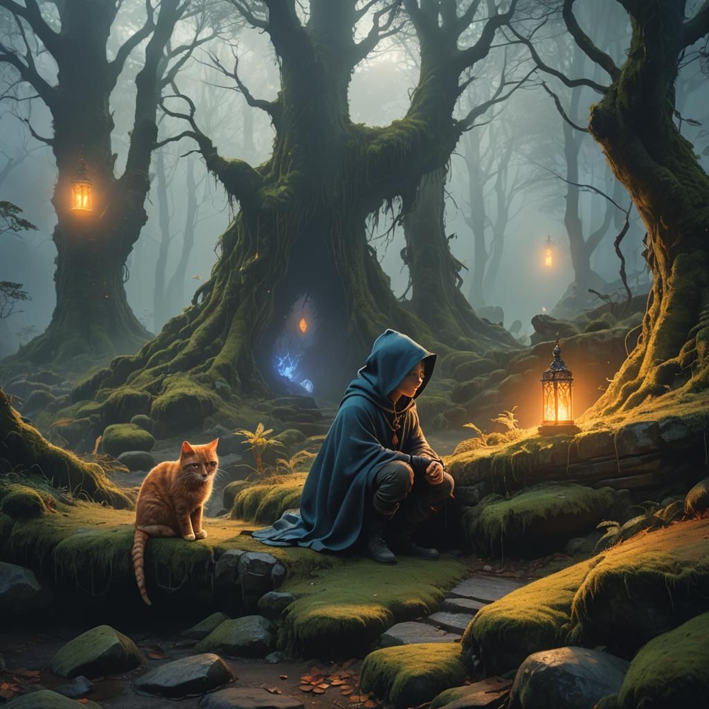 Mystical Forest: Boy and Cat in Fantasy Landscape