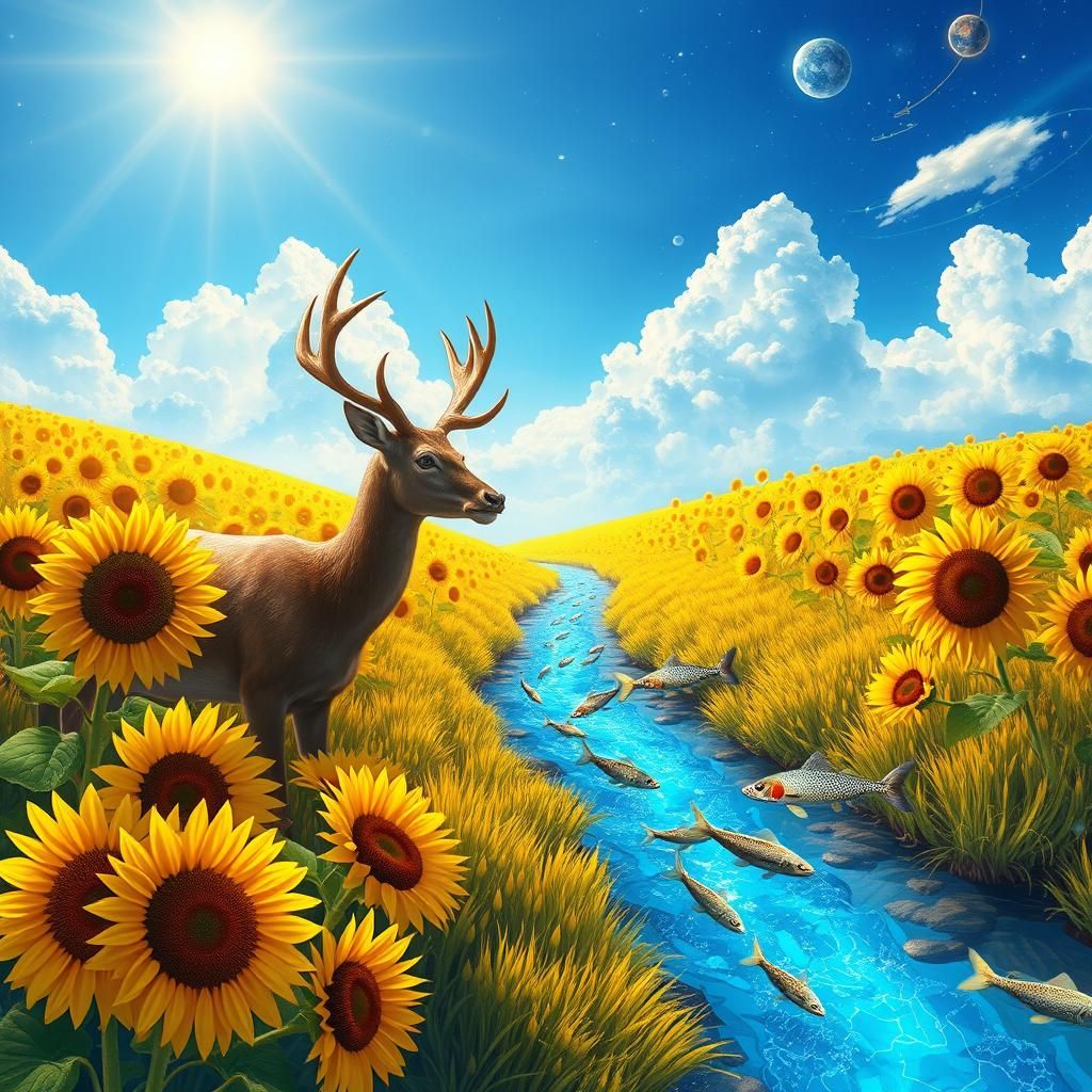 Lush Sunflower Field with Deer, Holographic Illustration