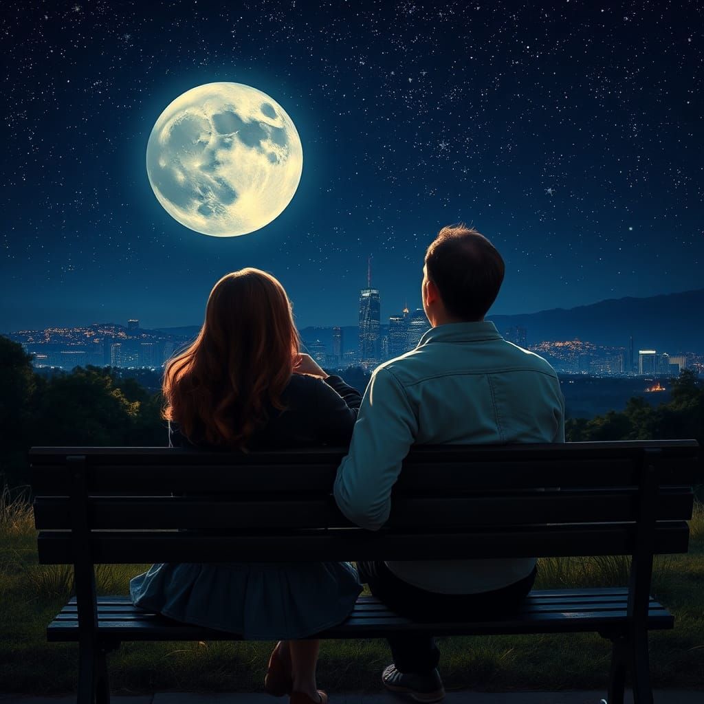 Romantic Couple Gazing at Moon, Hyperrealistic Style