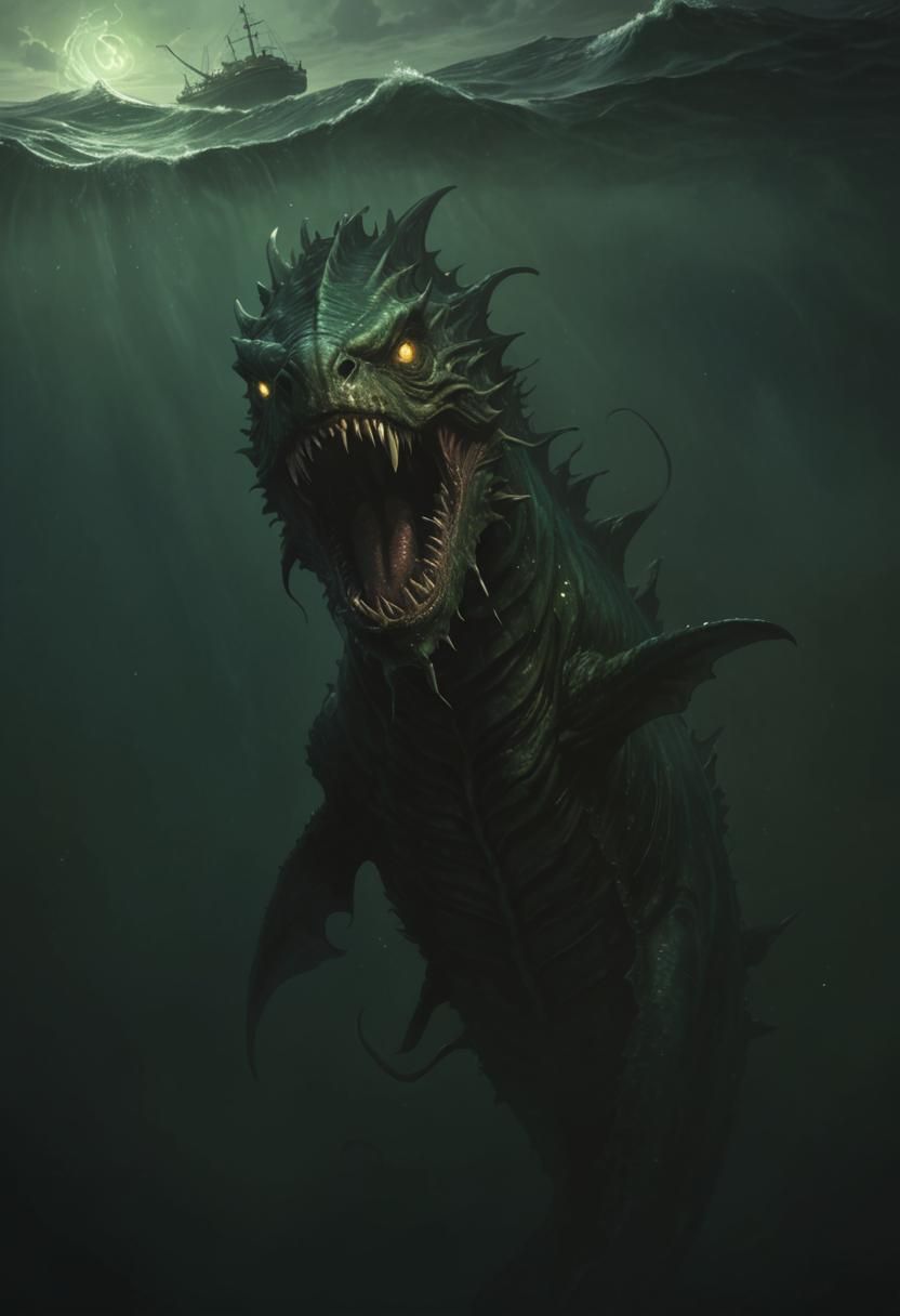 Sea Monster Lurking Under Ship in Dark Waters