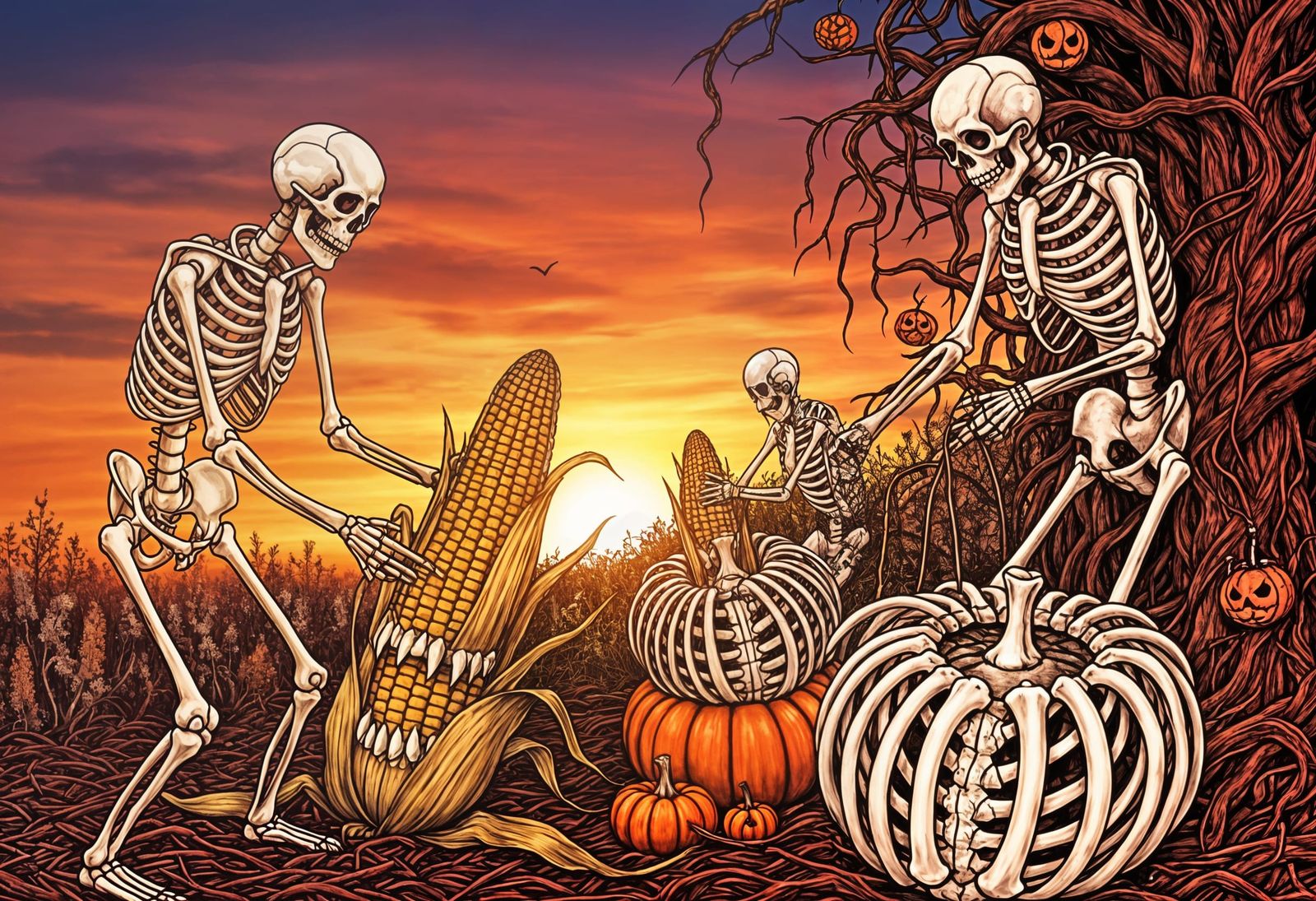 Skeletons Toil Beneath a Fiery Sunset Sky