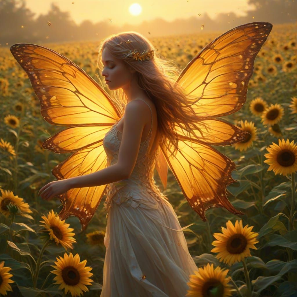 Ethereal Butterfly Fairy in Sunflowers at Golden Hour