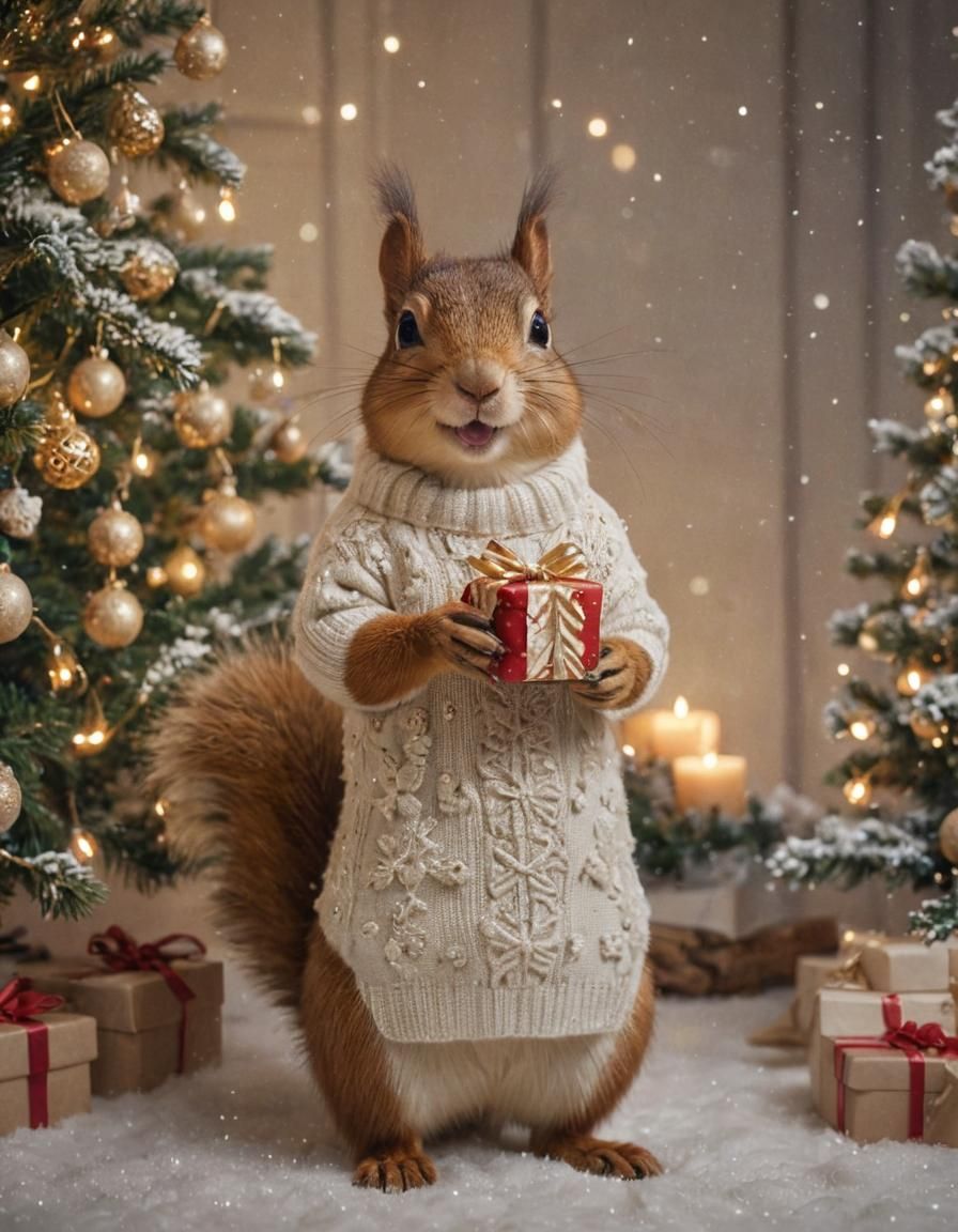 Festive Squirrel with Christmas Gift: Digital Matte Painting