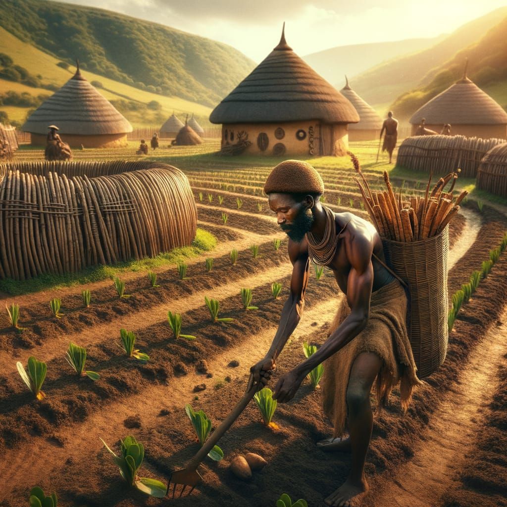African Bantu Farmer in Ancient Age Setting