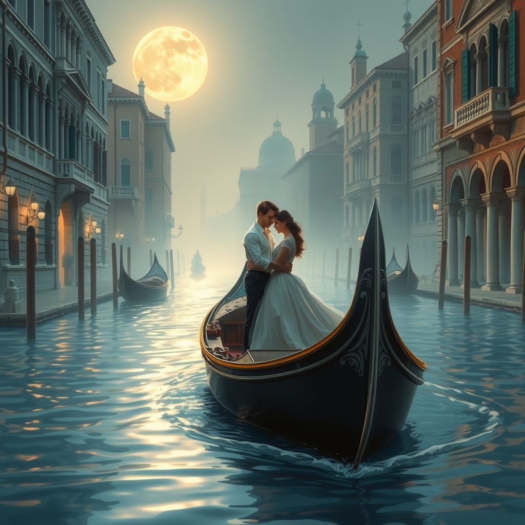 Romantic Gondola Ride in Venice, Airbrush Painting