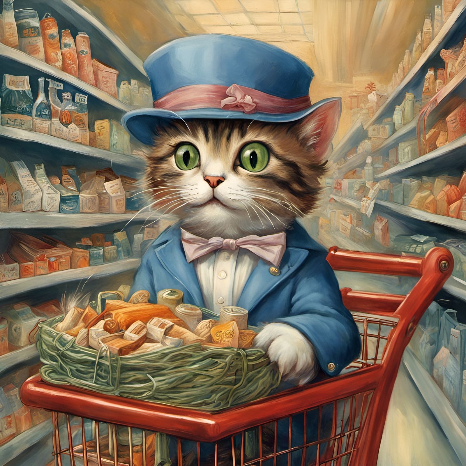Cat in Hat Shops for Fish: Vintage Painting