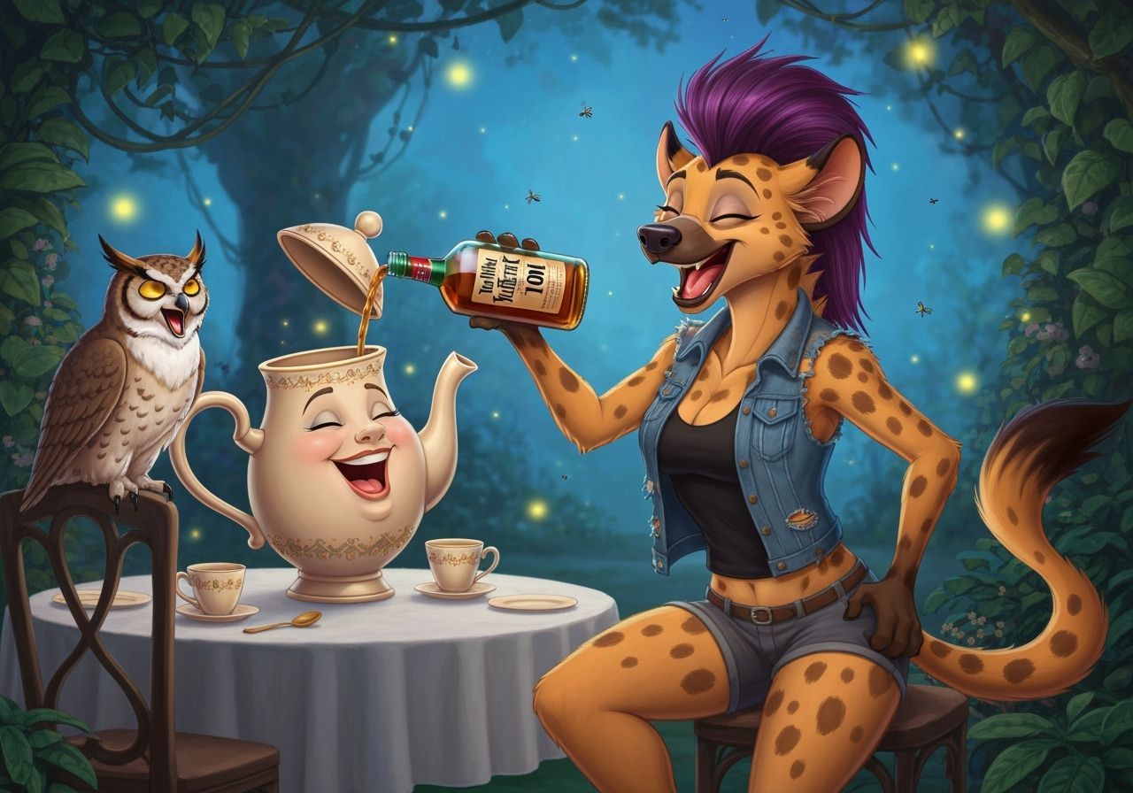 Whimsical Teapot and Hyena at a Magical Garden Tea Party