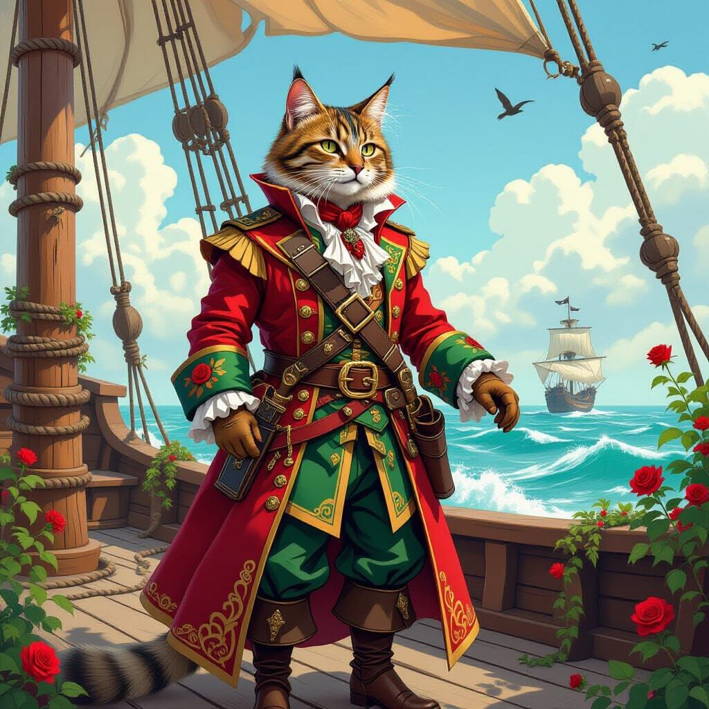 Cat Pirate on Deck in High Fantasy Style