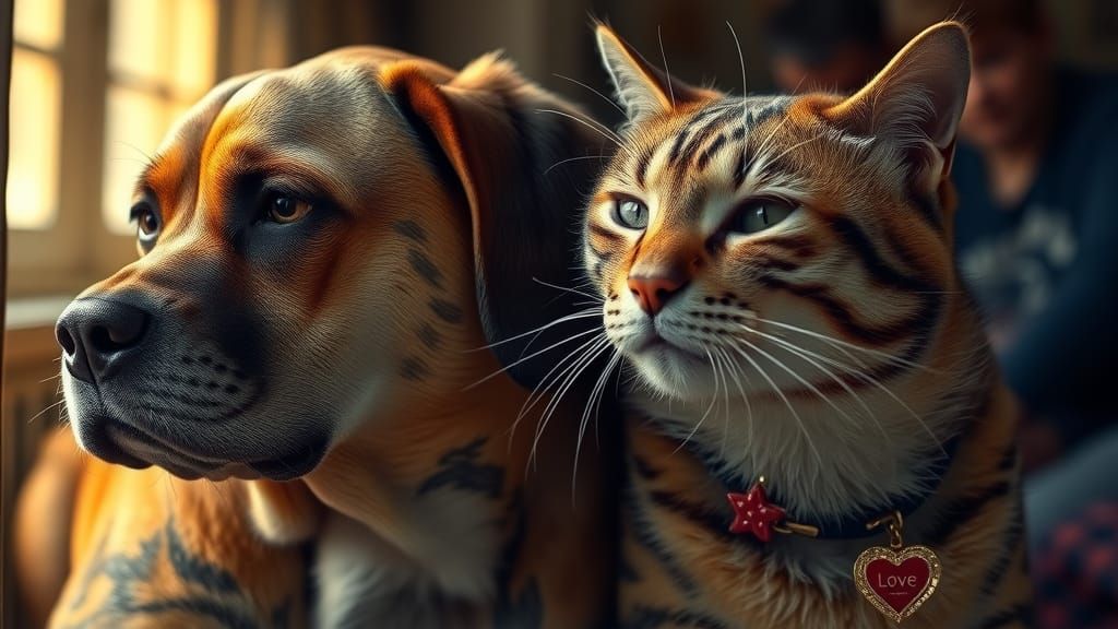 Elderly Dog and Cat with Love Tattoos