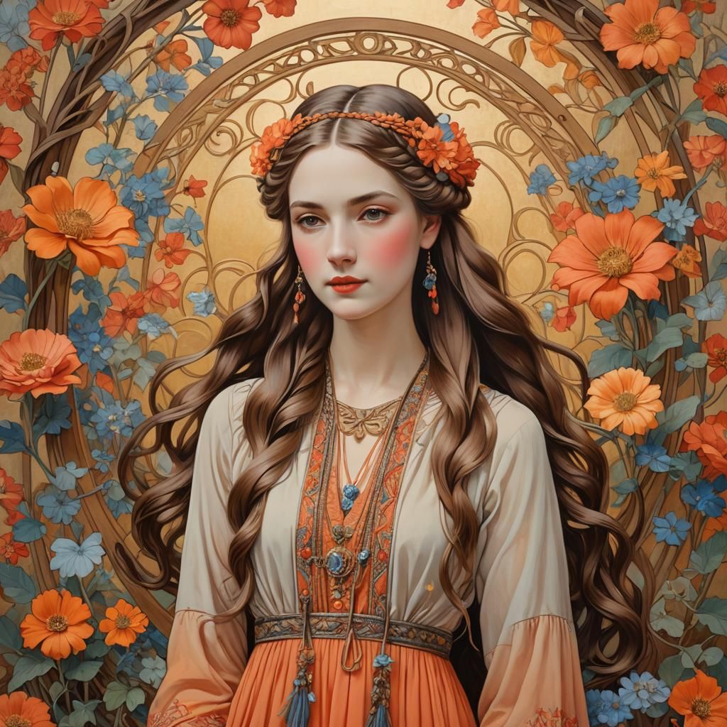 Art nouveau portrait of a woman with wavy long brown hair