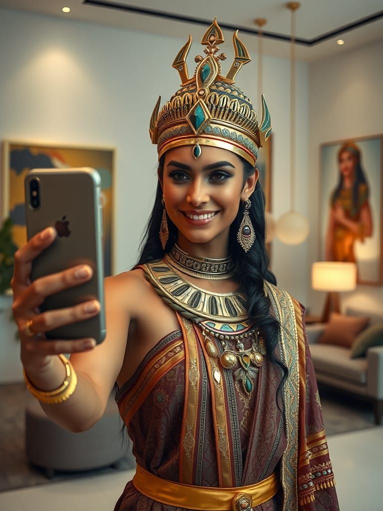 Goddess Ishtar in Modern Elegance Making a Selfie