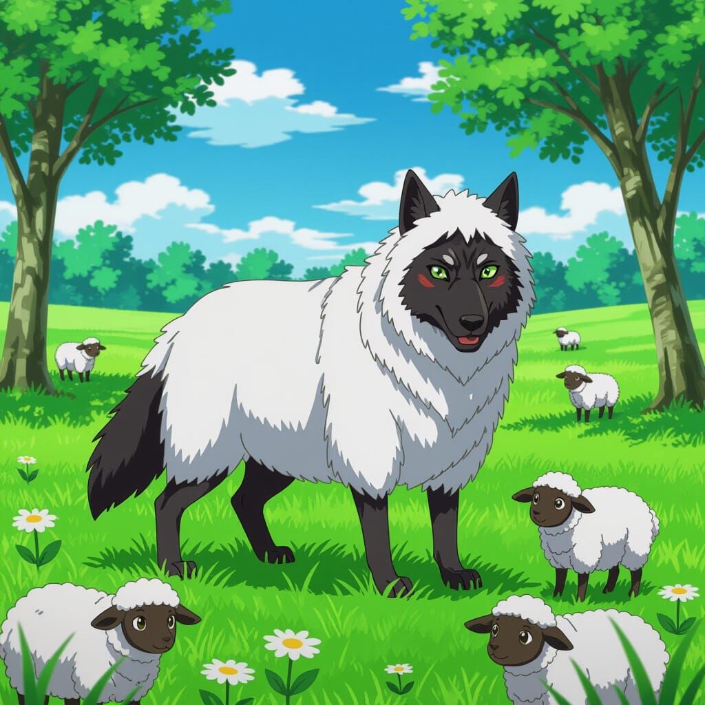 Anime Wolf in Sheep's Clothing in Meadow
