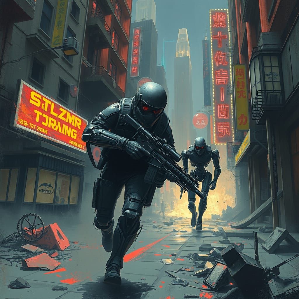 Cyborg Cop Chasing Android in Ruined Cityscape