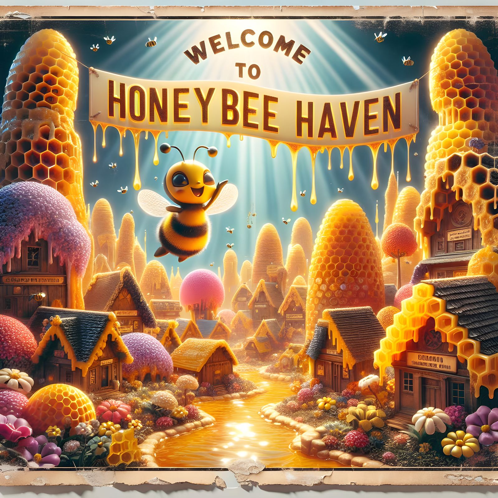 Honeybee Haven Vintage Travel Poster in 3D