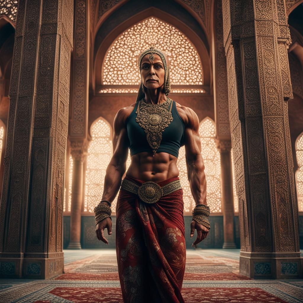 Bold Bodybuilder Women at Mosque: Digital Matte Painting