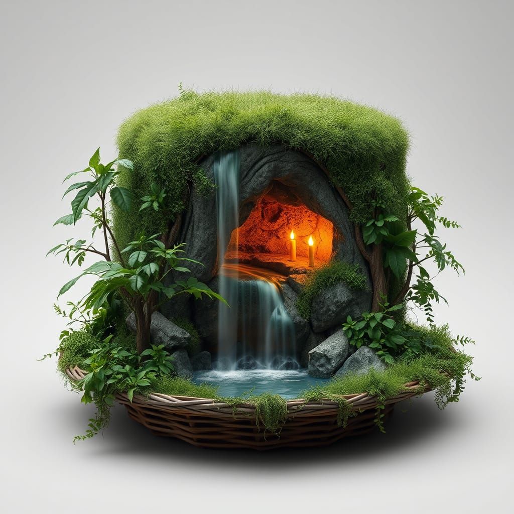 Hyperrealistic Top Hat with Grassy Cliff and Waterfall