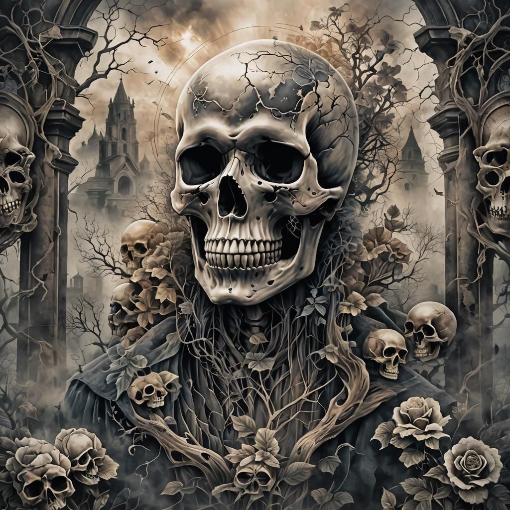 Detailed Skull Portrait with Tattoo and Graveyard
