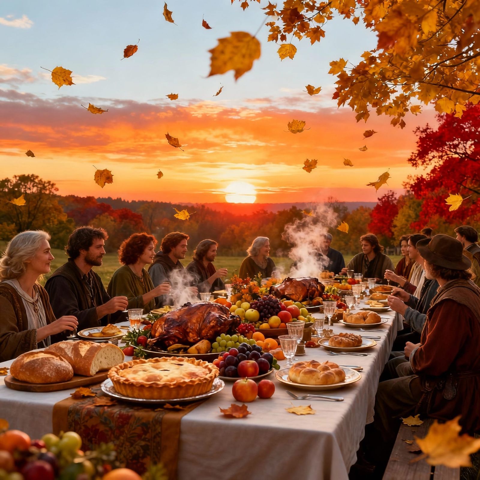 Harvest Festival Banquet Table Under Autumn Sunset Sky
