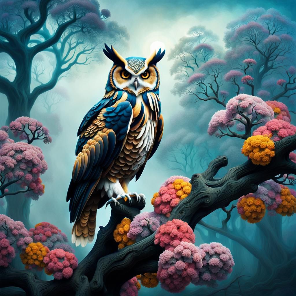 Surreal Owl-Eagle Hybrid in Dreamlike Landscape