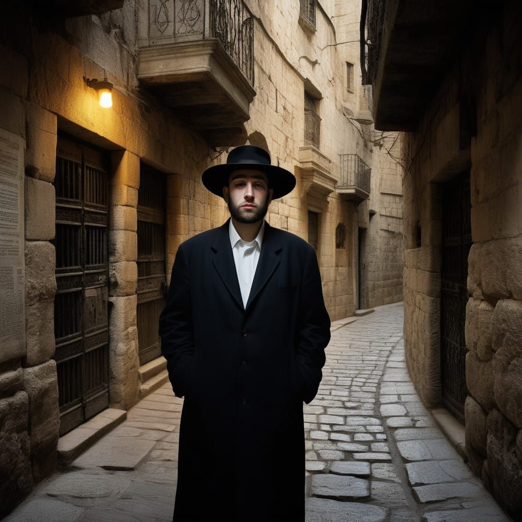 Ultra-Orthodox Boy in Dimly Lit Jerusalem Alleyway