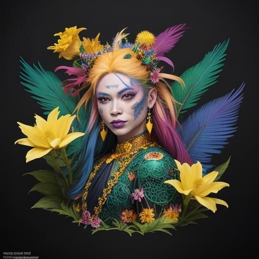 Fantasy Woman Portrait with Feathers and Flowers