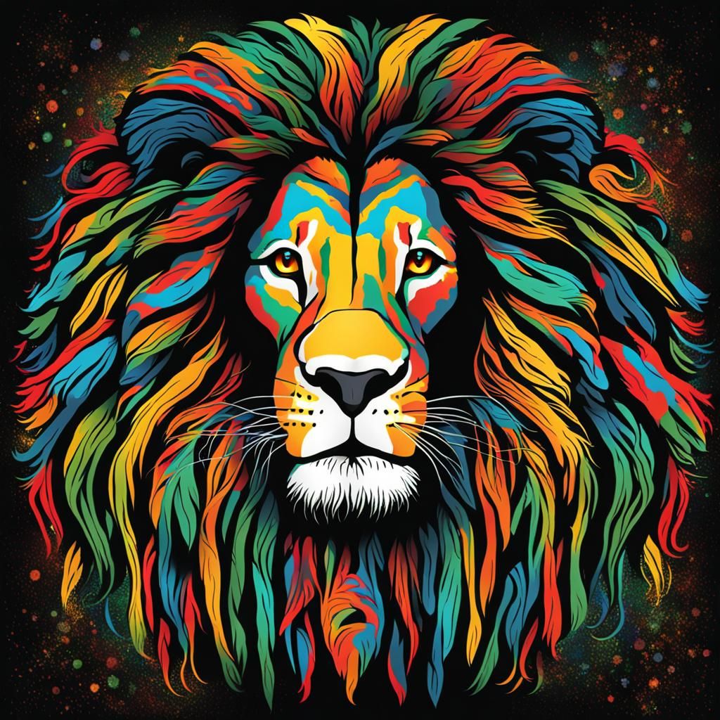 Rastafarian Lion Portrait in Psychedelic Colors