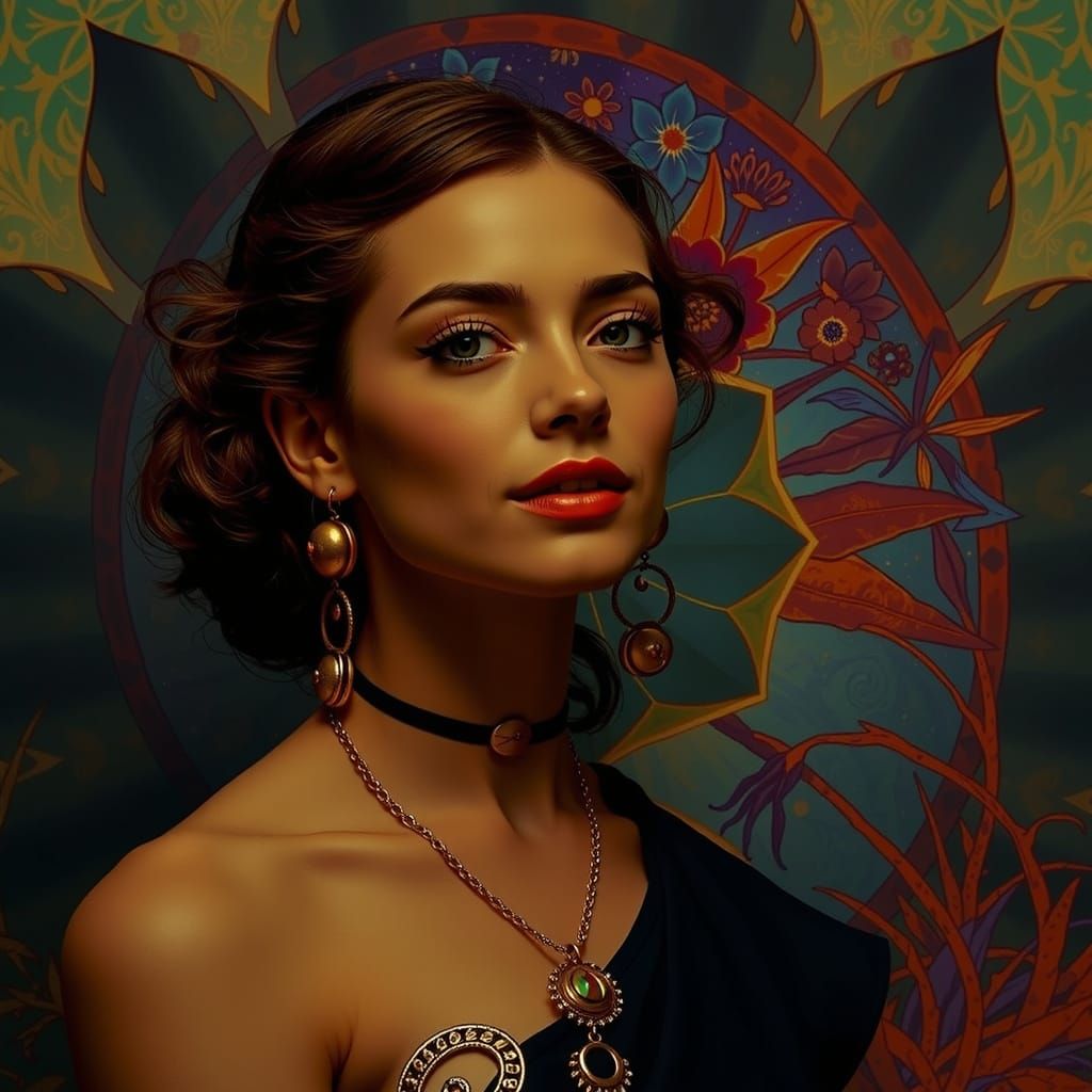 Psychedelic Floral Garden with Cosmic Mystery