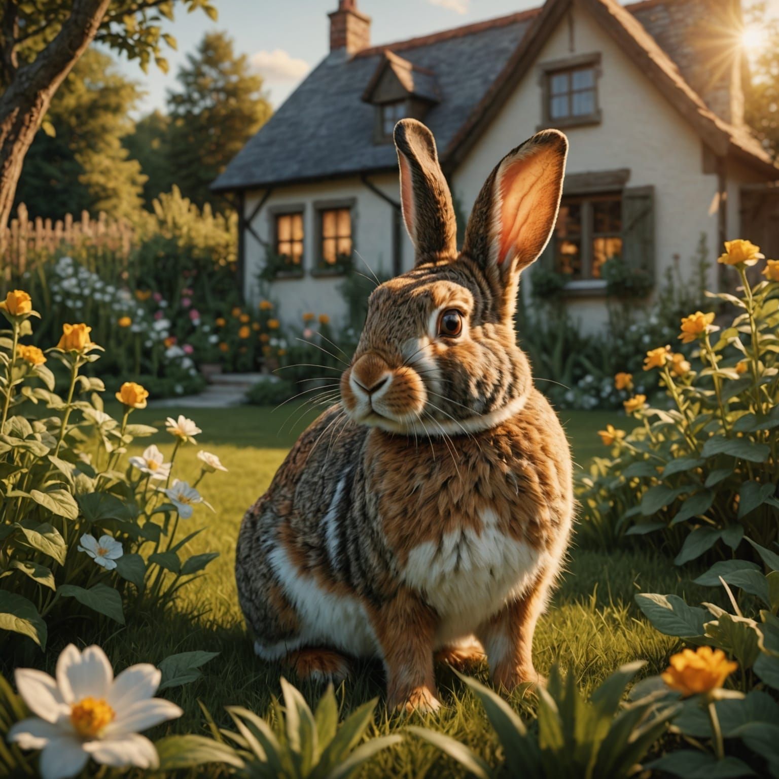 Rabbit in Garden at Golden Hour: Hyperrealistic 3D