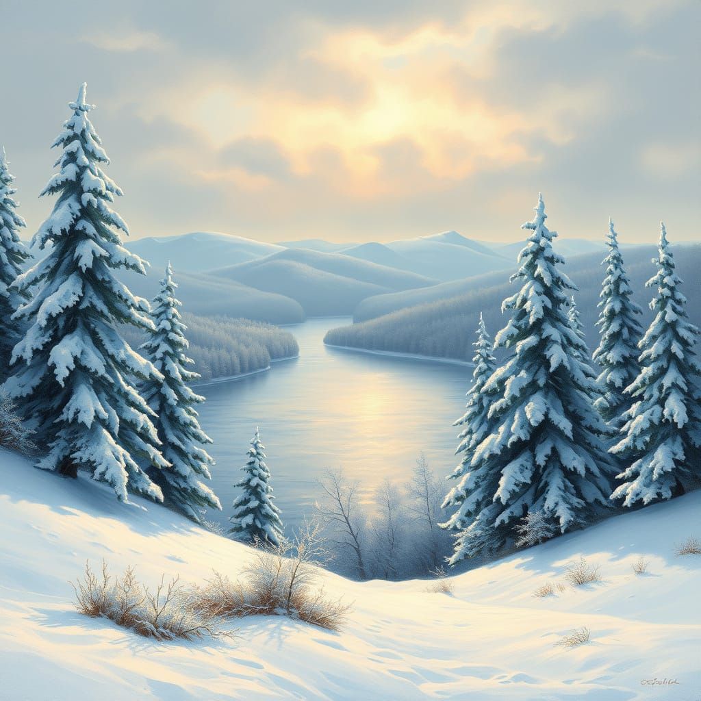 Winter Wonderland Landscape in Impressionist Style