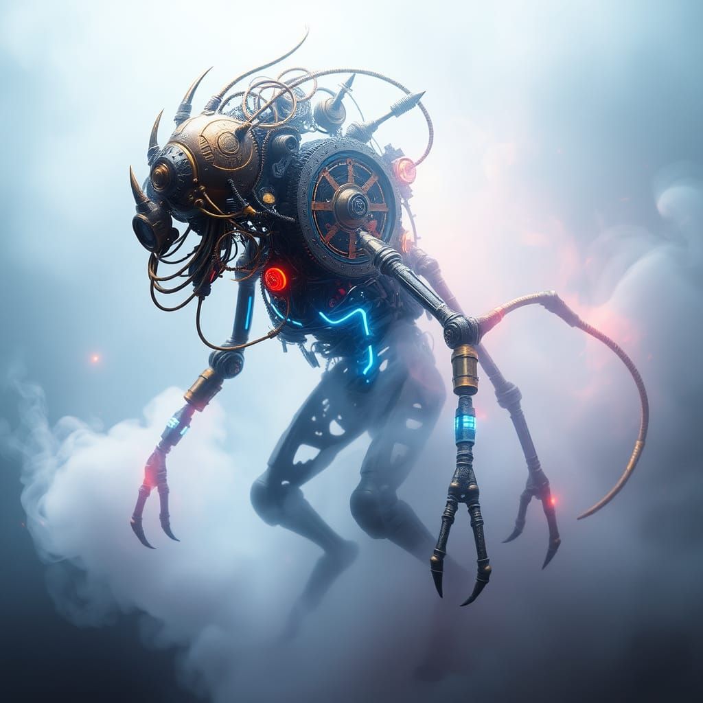 Clockwork Creature in Neon Mist, Double Exposure Effect