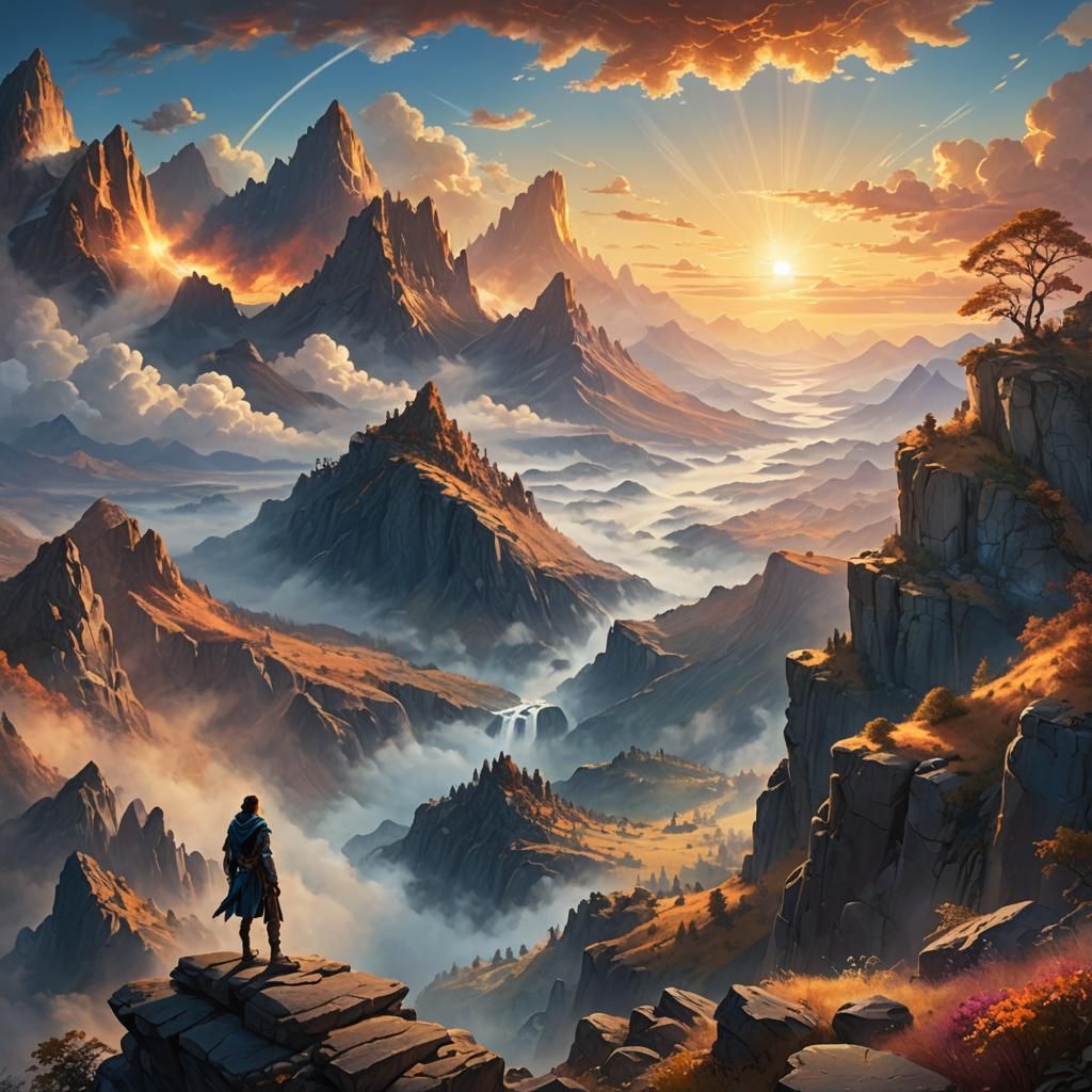 Mystical Sunrise Over Fantasy Landscape: Digital Concept Art