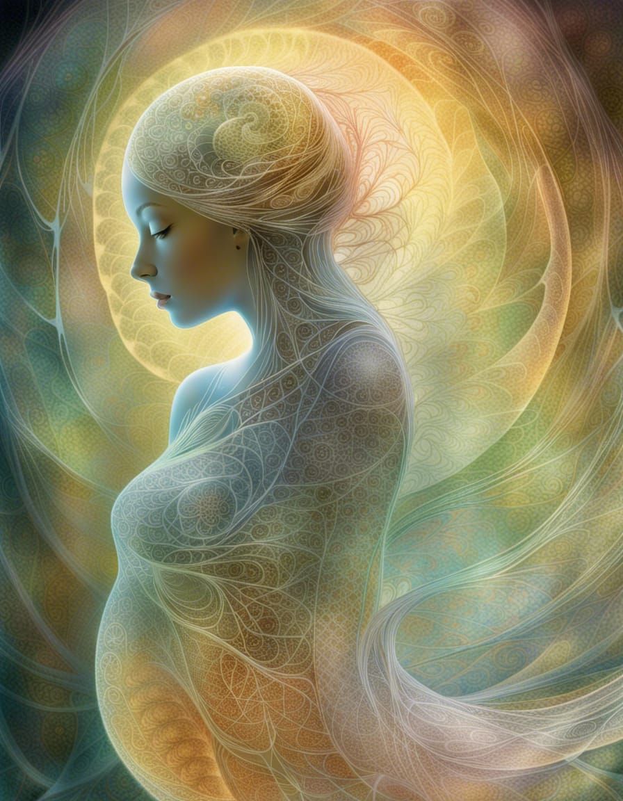 Crystal Fractal Forest Pregnant Girl in Suminagashi Style