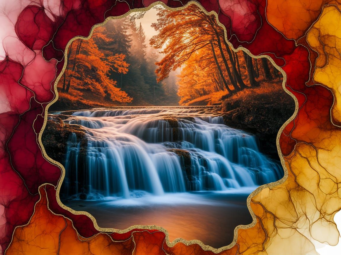 Enchanted Autumn Waterfall in Fluid Art Style