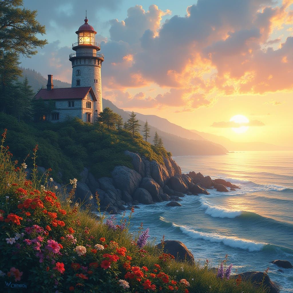 Cross-Stitch Lighthouse at Dawn: Fantasy Concept Art