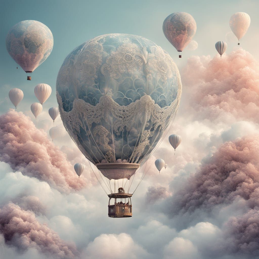 Lace Balloon Floating in Fractal Clouds: Surreal Macro