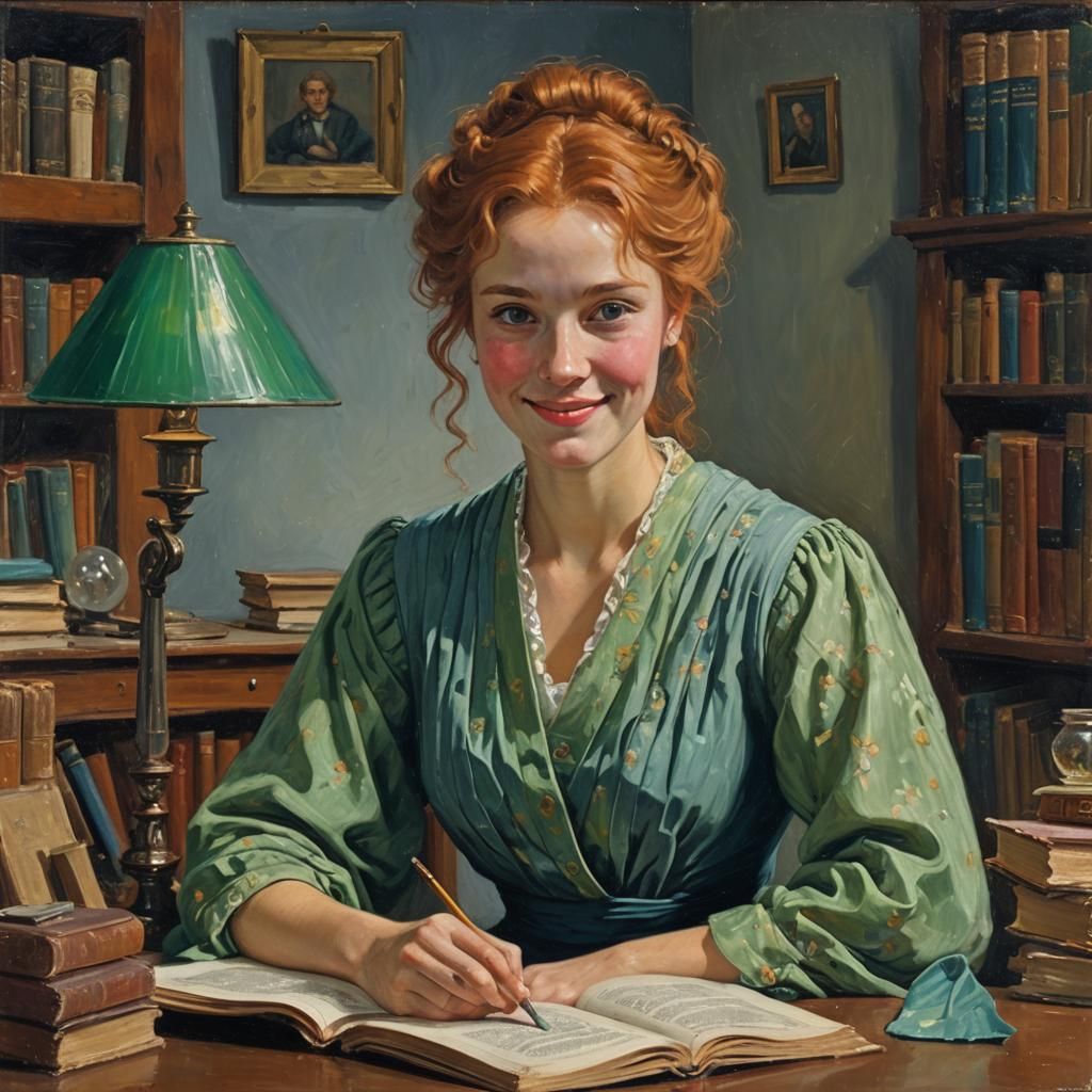 Smiling Redhead Reads in Old Library, Oil Painting
